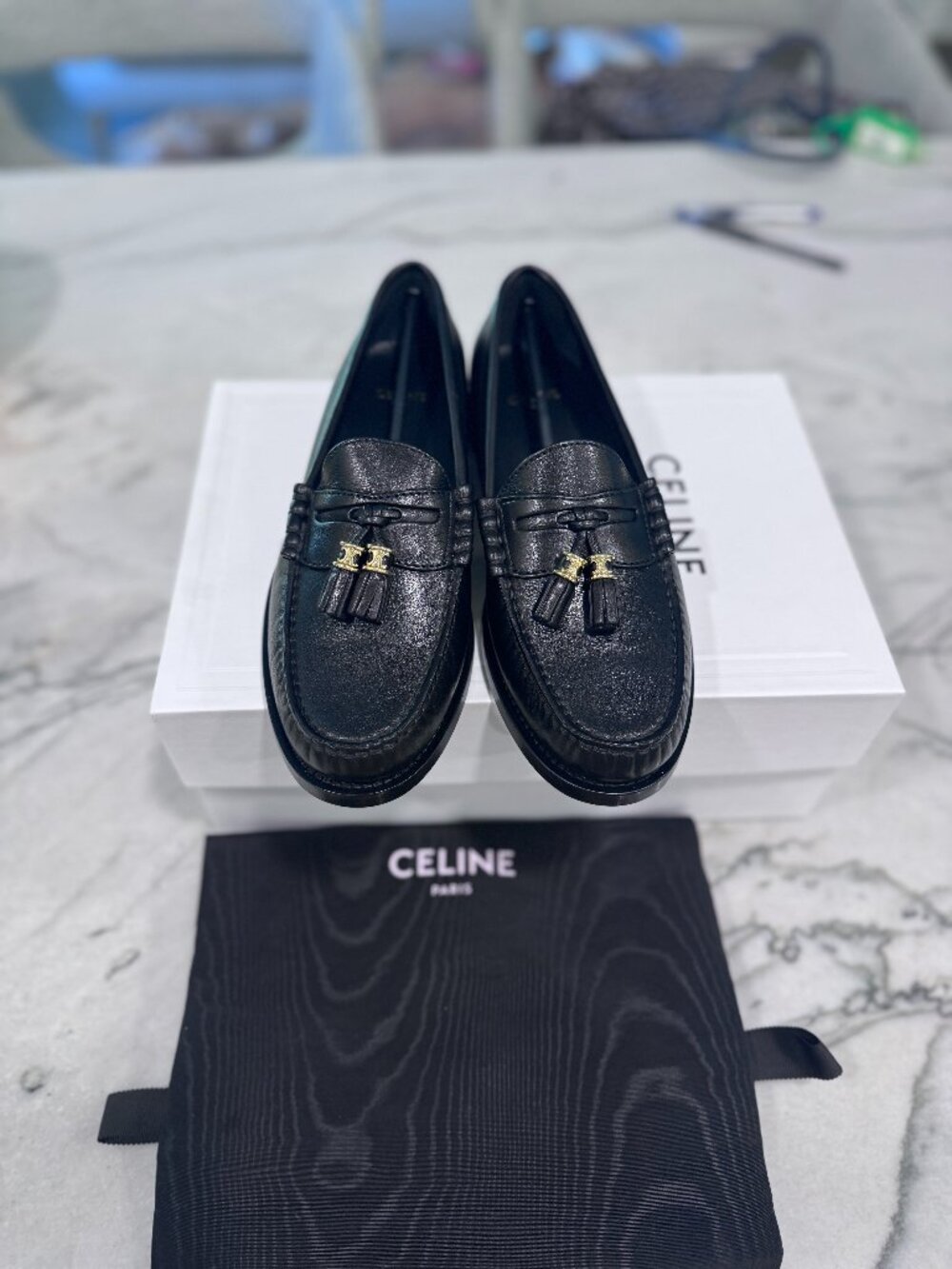 NIB Celine Black Leather Triomphe Tassel Loafers Gold Hardware Flat Sole EU 36